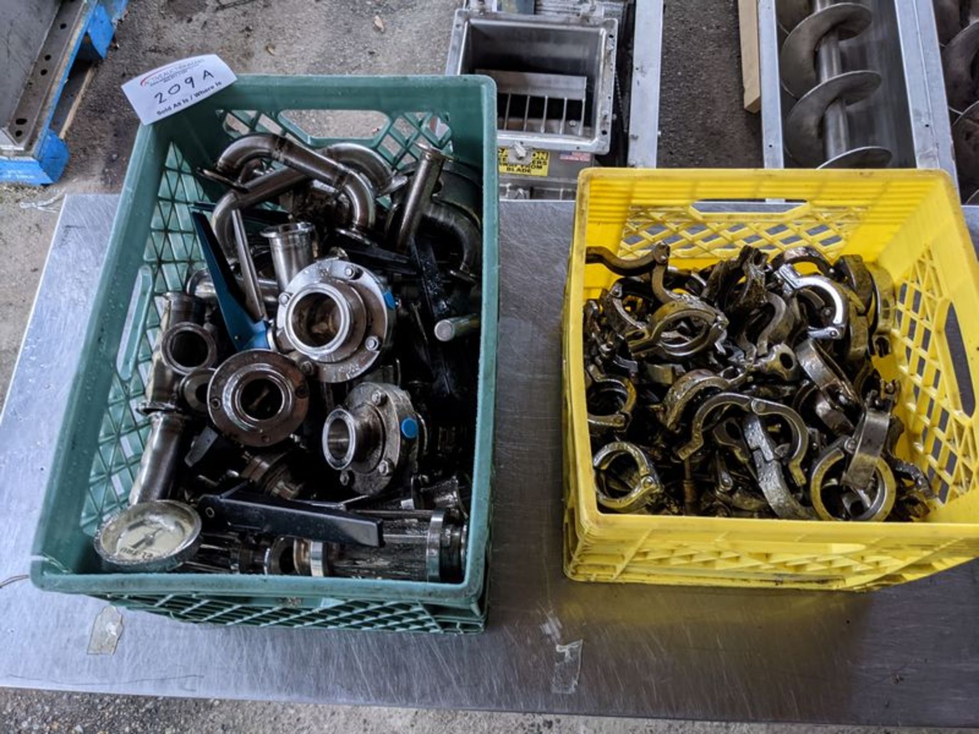 2 Crate of Stainless Steel Clamps, Sight Glass, Shut off Valve, Multi Direction Valves, etc