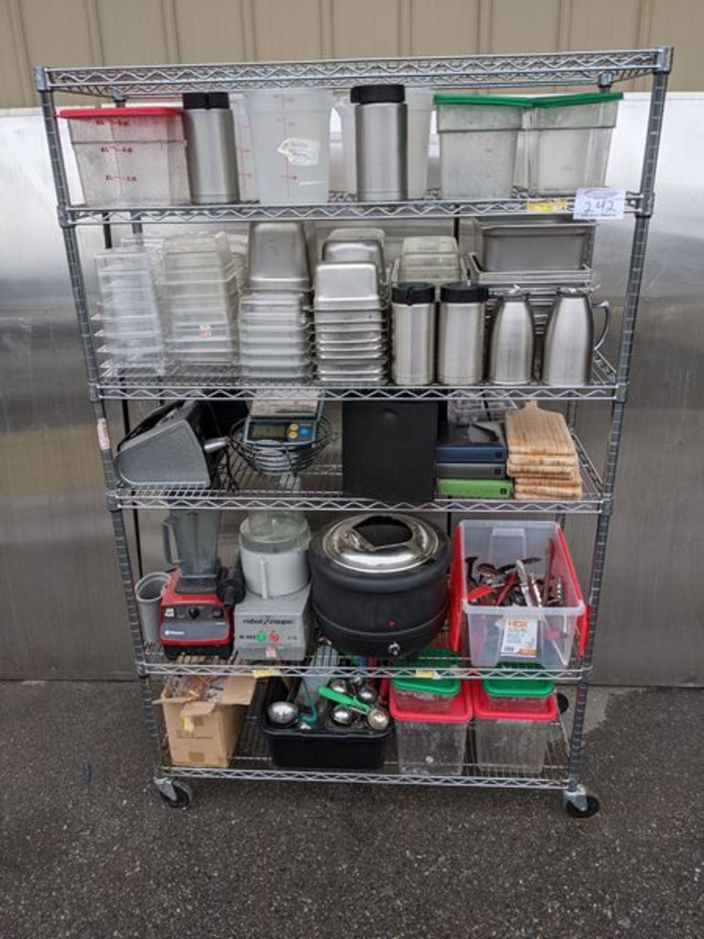 48" Stainless Steel Rack on Casters with Contents (blender, soup pot, inserts etc..)