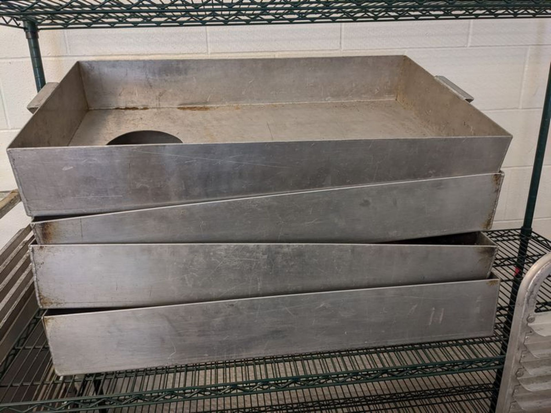 Four 36 x 21 Aluminum Trays - Note one has a drain hole
