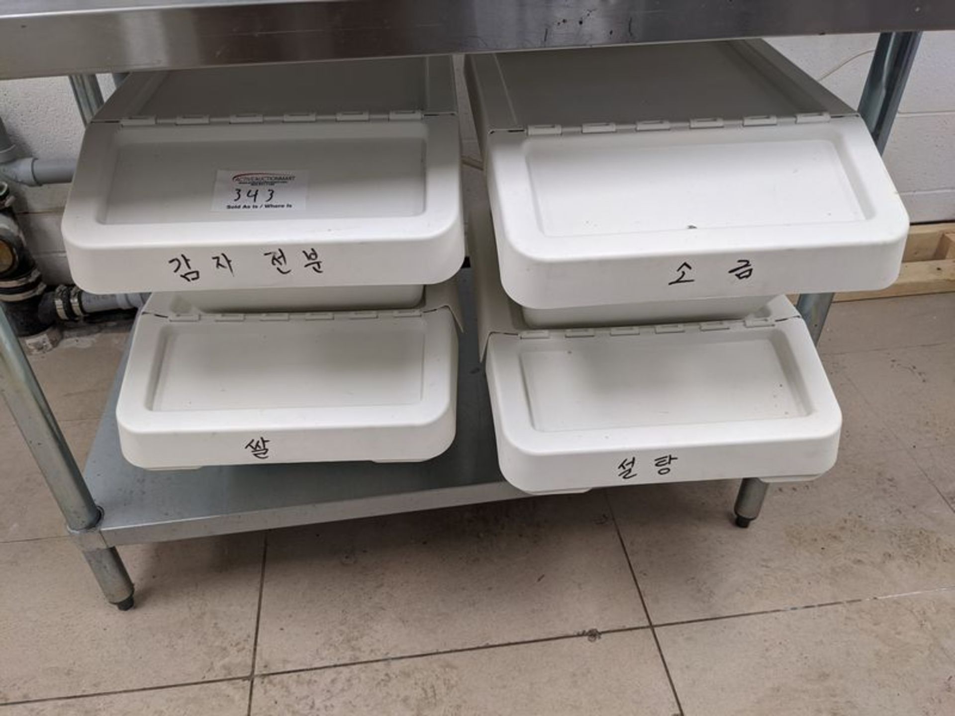 4 White Ingredient Bins and 24" Two Tier Stainless Steel Equipment Stand