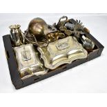 A mixed group of silver plated items including two tureens, a ewer, a cruet, two model cockerels,