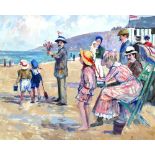 TOM DURKIN (1928-1990); oil on canvas, beach scene with figures on deck chair in foreground, signed,