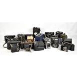 A collection of vintage cameras with manufacturers including Ensign, Kodak, AGFA, Lukos, etc (af).