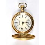 HAMPDEN; a yellow metal cased crown wind half hunter fob watch, the signed circular enamelled dial