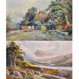 CJ KEATS (19th century); two watercolours, the first depicting highland loch with cattle to