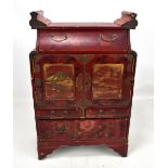 A Japanese table top cabinet with painted and gilt floral and landscape decoration including view of