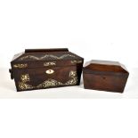 A Victorian rosewood tea caddy with mother of pearl inlay, the hinged cover enclosing two