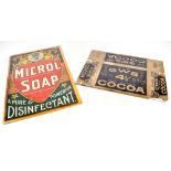 An original advertising card sign inscribed 'Microl Soap', 45 x 29.5cm, and a CWS Cocoa