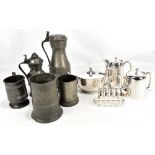 A quantity of 19th century and later metalware including pewter tankard, pewter mugs, silver