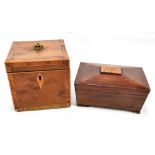 A Georgian yew wood and line inlaid tea caddy, 11 x 12cm, and a mahogany sarcophagus shaped caddy (