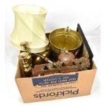 A mixed group of copper and brass including two pairs of candlesticks, a chocolate pot, a coal