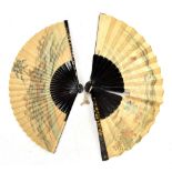 Two early 20th century Japanese paper fans both featuring workers in rural landscape and birds