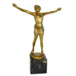 An Art Deco bronze figurine depicting a scantily clad lady with outswept arms, raised on black