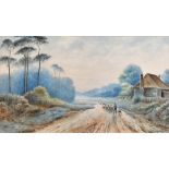 S PARTRIDGE; watercolour, rural landscape with shepherd driving flock and cottage to foreground,