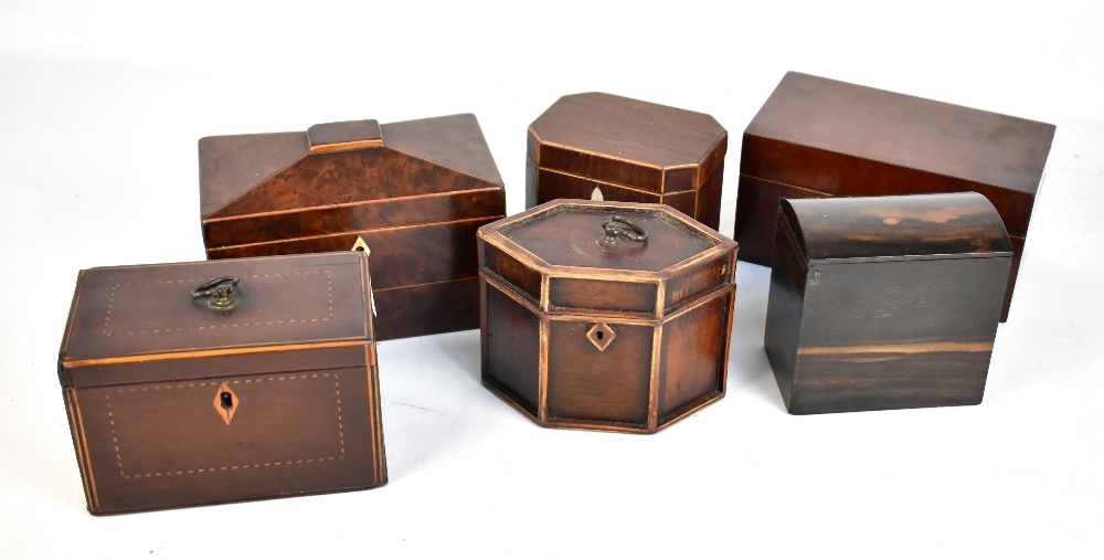 Six Georgian and later tea caddies and boxes to include inlaid tea caddy, length 16cm, etc (6).