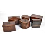 Six Georgian and later tea caddies and boxes to include inlaid tea caddy, length 16cm, etc (6).