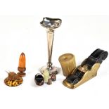 A late 19th century brass cased framed woodworking plane, a small collection of assorted thimbles to