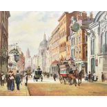 STEVEN SCHOLES (born 1952); oil on canvas, 'Canon Street London 1898', figural street scene with