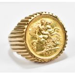 An Edward VII half sovereign, 1906, set in a 9ct gold ring, approx 15.6g.Additional