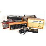 Seven assorted vintage radios including a Hacker Super Sovereign, teak framed examples, Selena radio