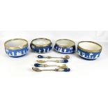 WEDGWOOD; four blue jasper dip salad bowls with silver plated rims, and two pairs of salad