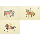 Three 20th century Chinese gouaches on silk, two depicting men on horseback and the third a