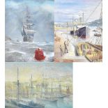 BAYLEY (20th century); three watercolours including sailing boats at rest in a harbour scene, signed