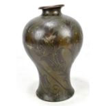 W.M.F; a patinated metal vase with engraved floral decoration, stamped mark to base, height 30.5cm.