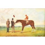 W WILSON; jockey on horseback beside two gentlemen wearing top hats, signed and dated 1867 lower