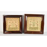 Two 19th century samplers, each depicting a lady in landscape scene, signed Elizabeth Lawson and