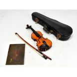 A miniature model of a cased violin and bow, with an oil on board painting of a violin.Additional