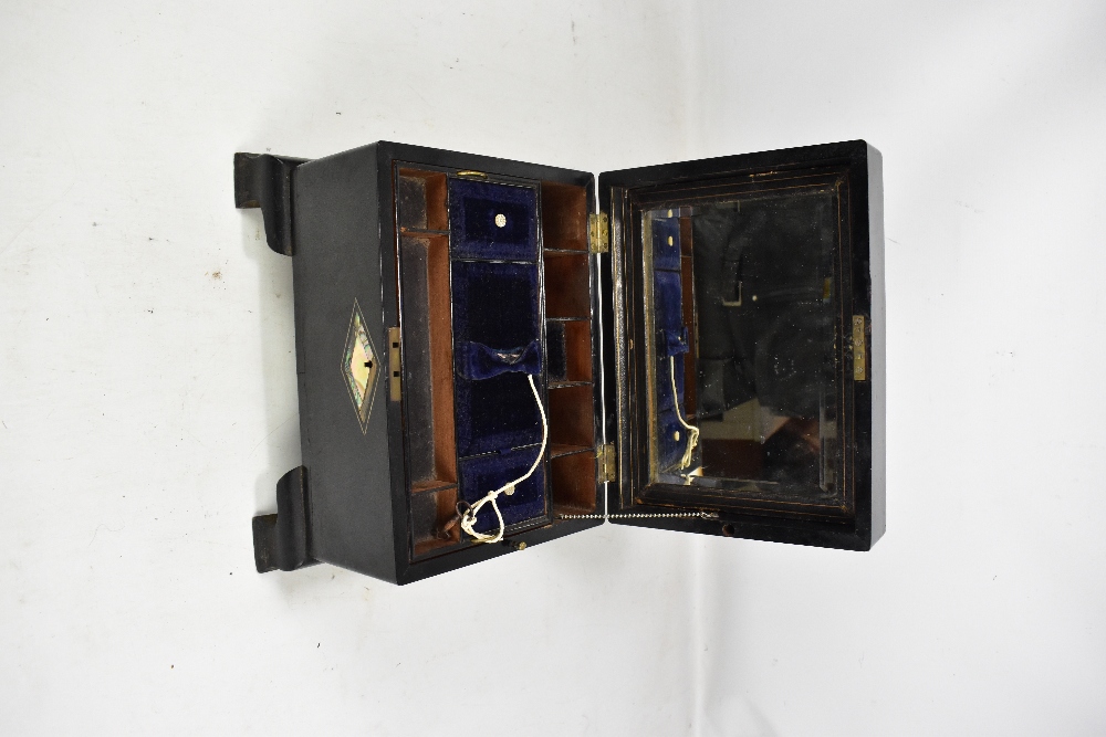 A black ebonised Victorian jewellery box with mother of pearl cartouche, on later feet, length - Image 2 of 2