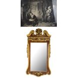 A reproduction mahogany framed wall mirror with rococo-style gilt highlights, height 109cm, and a