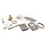 A small mixed group of hallmarked silver and mounted items including mustard, a single stamp case,