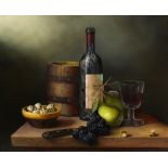 BRIAN DAVIES (1942-2014); oil on canvas, still life study of wine, pears, eggs and grapes, signed,