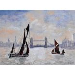 JOAN BEMBRIDGE; pastel, the River Thames, with two boats to foreground and London Bridge to