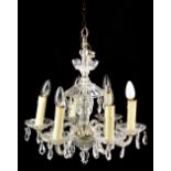 A Victorian clear glass six branch chandelier with drops converted to electricity, approx 44.5 x