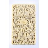 A Chinese carved ivory card case, of rectangular form carved with various figures in landscape