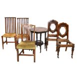 A pair of Victorian Gothic oak side chairs (for re-upholstery), a Georgian side chair, a late