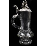 A circa 1900 Continental white metal mounted clear glass jug, possibly Austro-Hungarian, the