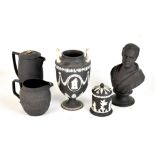 WEDGWOOD; a black basalt bust 'Scott', height 25cm, a black basalt jug, twin handled urn, small