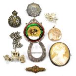 A mixed group of costume jewellery including carved cameo brooch, gold plated circular locket,