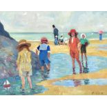 TOM DURKIN (1928-1990); oil on board, beach scene with figures paddling, signed, 40 x 49.5cm, framed