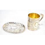 GEORGE FOX; a Victorian hallmarked silver Christening mug with chased foliate scrolls, beaded oval
