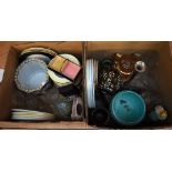 Two boxes of assorted ceramics and glassware to include Charlotte Rhead jardinière (af), a