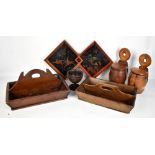 Two 19th century treen cutlery trays, two lidded salt boxes, a lacquered aesthetic movement tray,