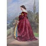 F CROZIER; oil on board, study of a lady stood on balcony in red dress, signed and dated 1867