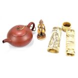 A small Chinese Yixing teapot with six character seal mark to base, length 12.5cm (lid af), a
