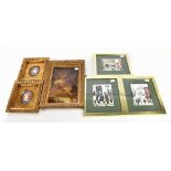 A mixed group of pictures and prints comprising crystoleum featuring girl on swing, 25 x 15cm, two