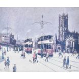 AFTER ARTHUR DELANEY; a coloured limited edition print, Manchester street scene featuring two trams,